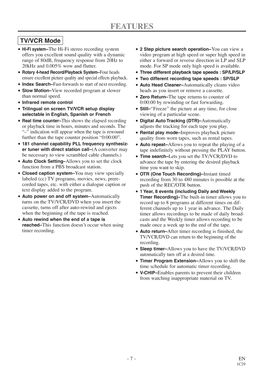 Emerson CETD204 owner manual Features, TV/VCR Mode 