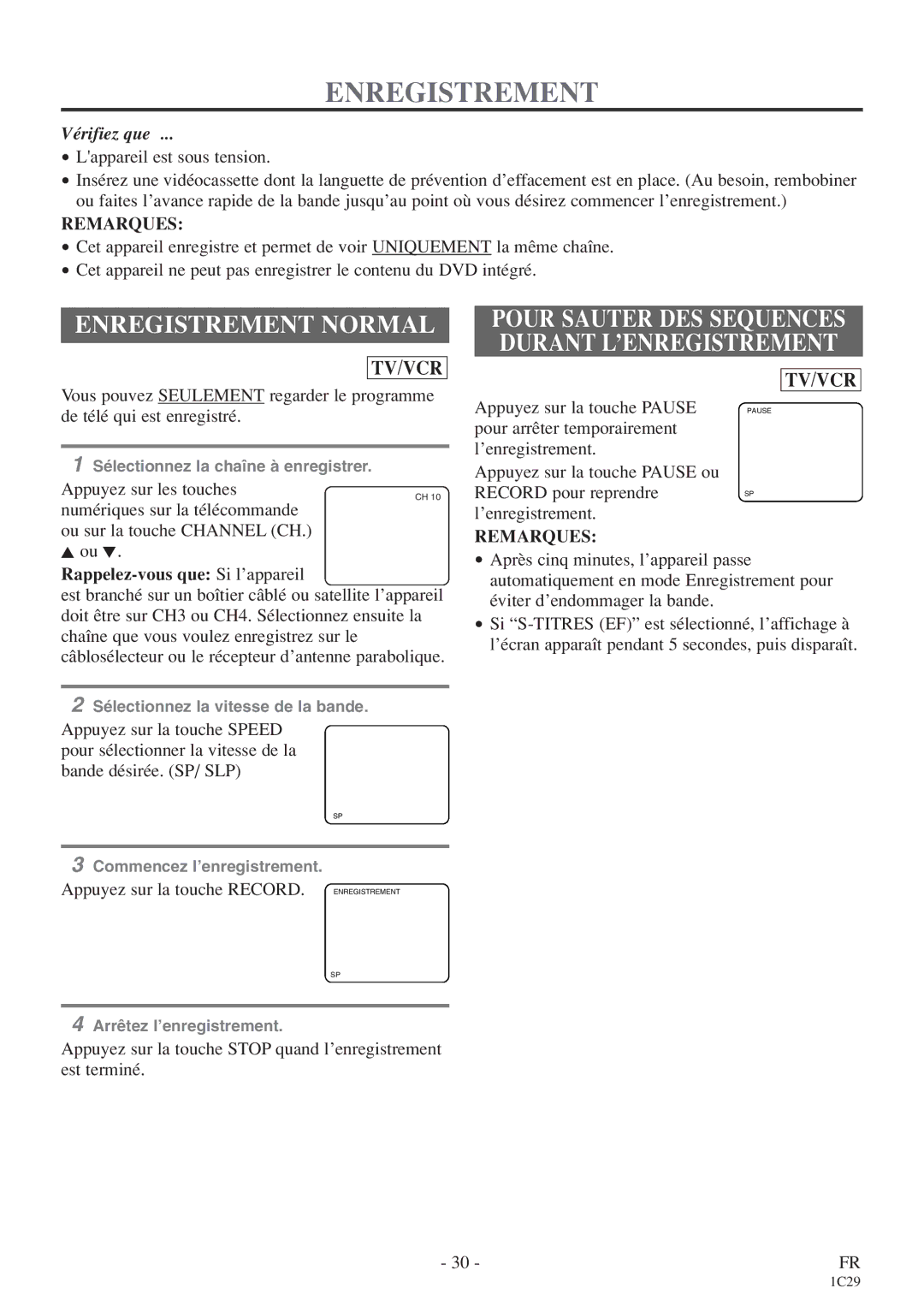 Emerson CETD204 owner manual Enregistrement Normal, Pour Sauter DES Sequences Durant L’ENREGISTREMENT 