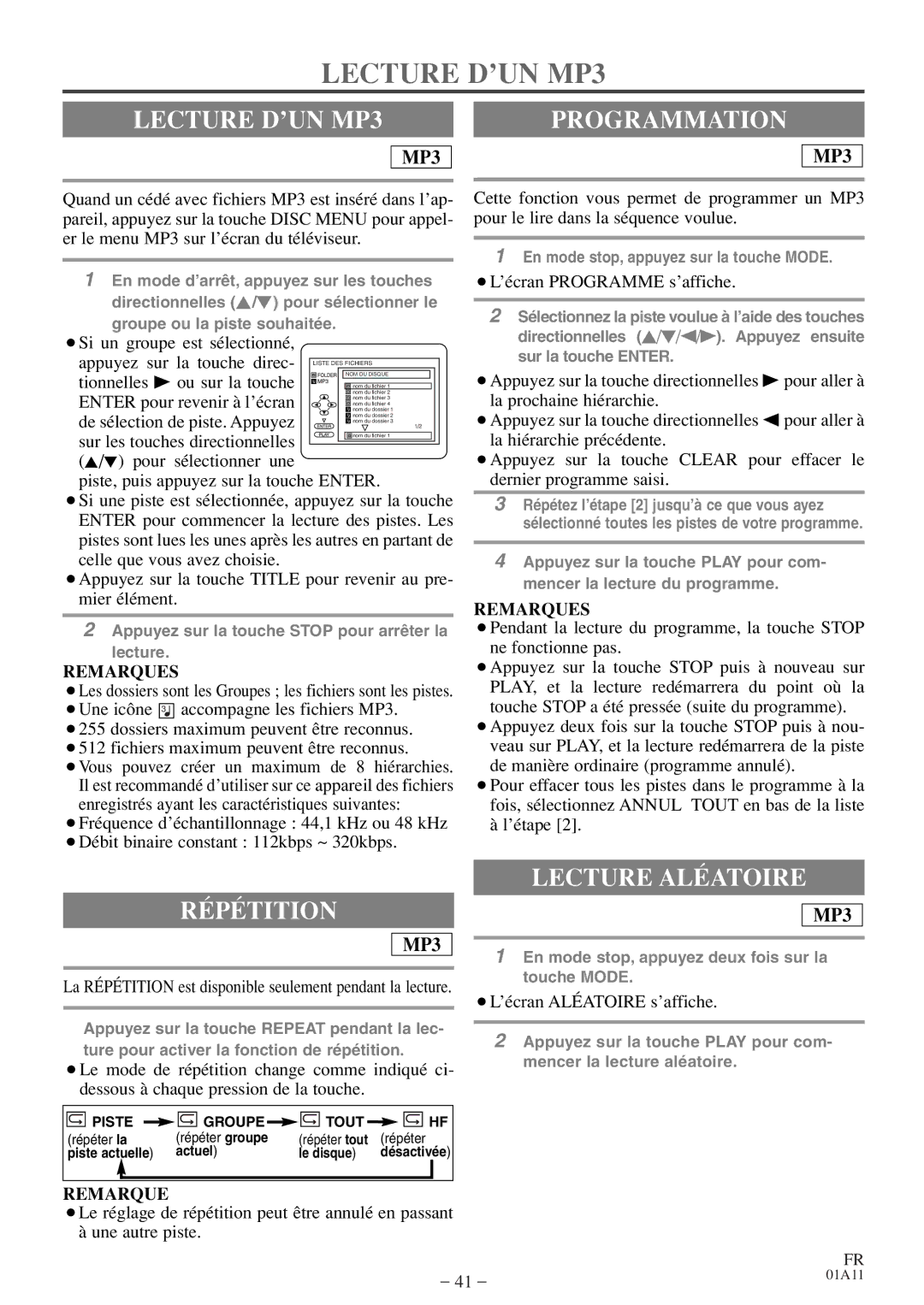 Emerson CETD204 owner manual Lecture D’UN MP3, Programmation, Répétition 