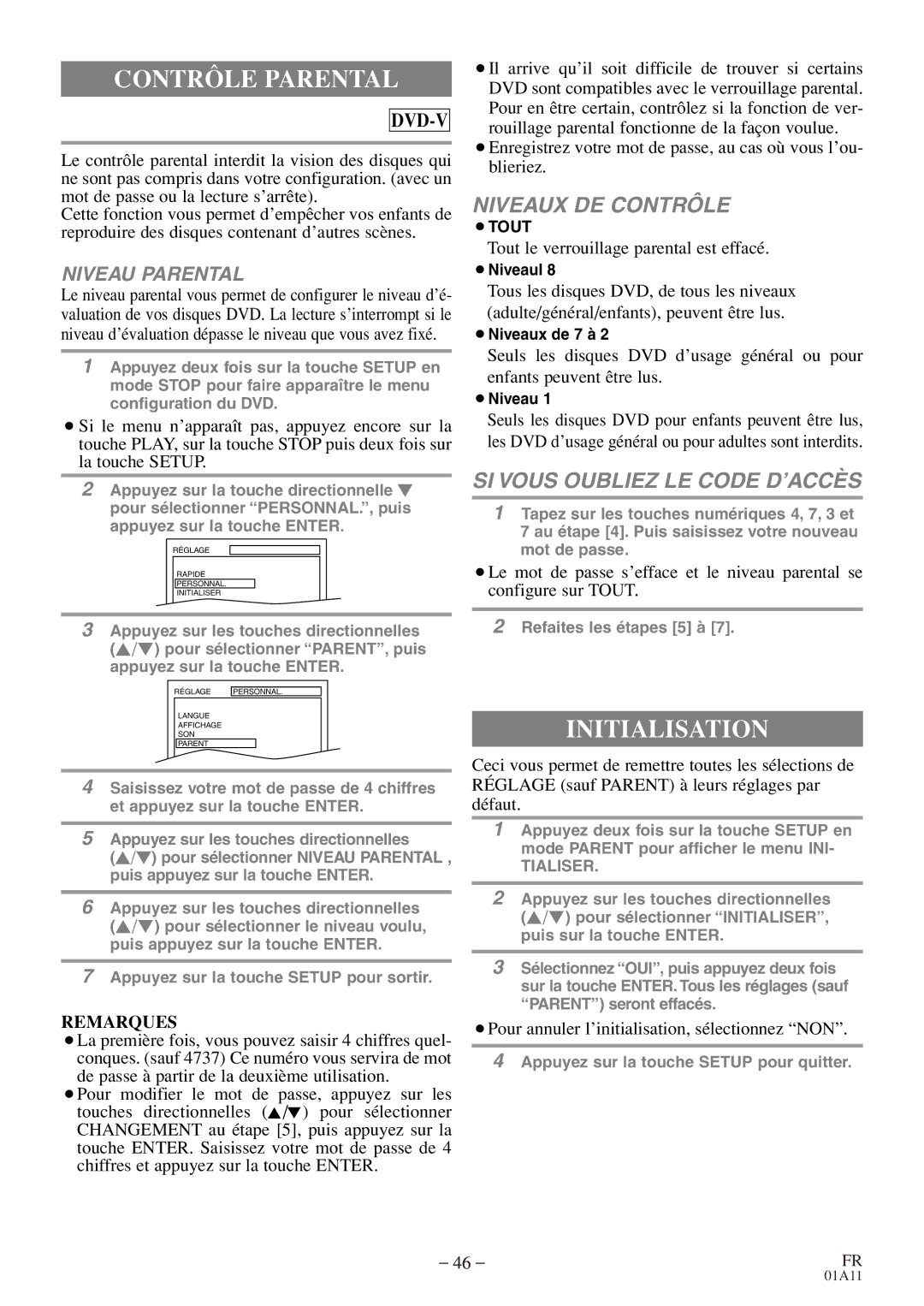 Emerson CETD204 owner manual Contrôle Parental, Initialisation, Tout le verrouillage parental est effacé 