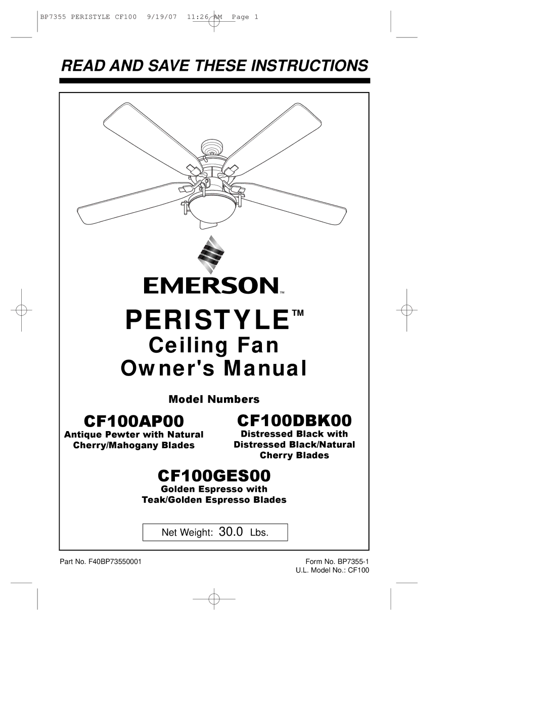 Emerson CF100AP00, CF100GES00, CF100DBK00 owner manual Peristyle 