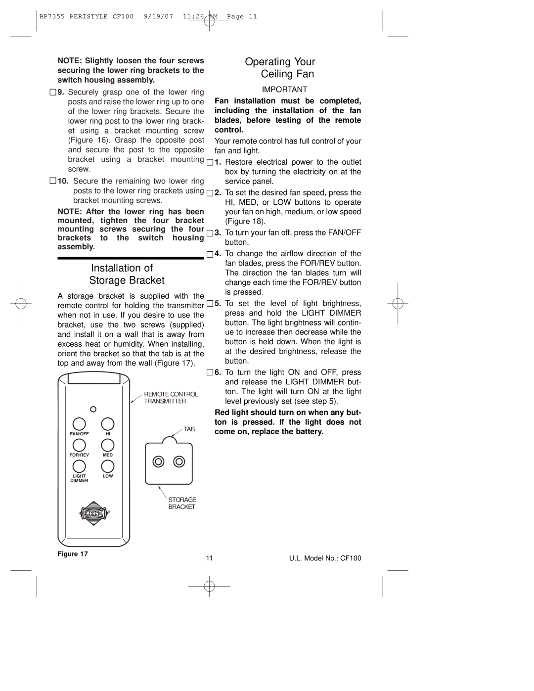 Emerson CF100DBK00, CF100GES00, CF100AP00 owner manual Operating Your Ceiling Fan, Installation, Storage Bracket 