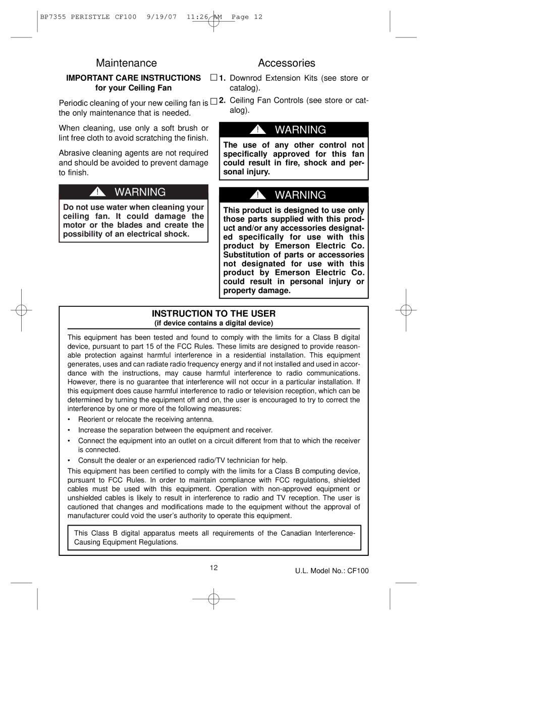 Emerson CF100GES00, CF100AP00, CF100DBK00 owner manual MaintenanceAccessories, Important Care Instructions 