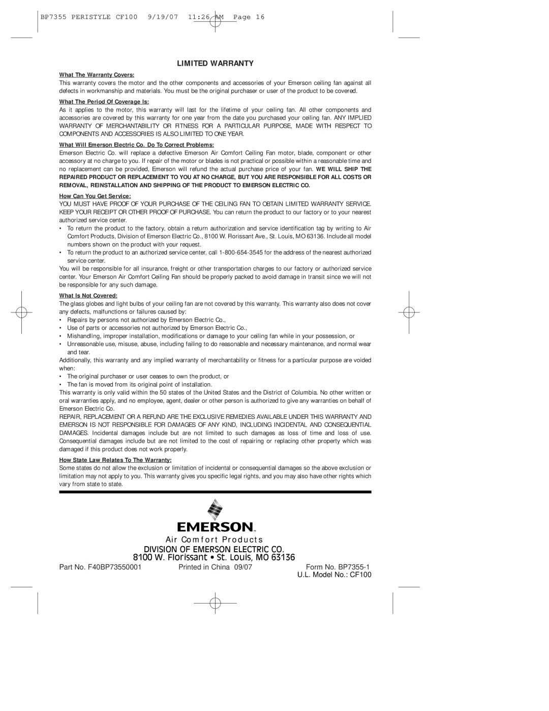 Emerson CF100AP00, CF100GES00, CF100DBK00 owner manual Limited Warranty 