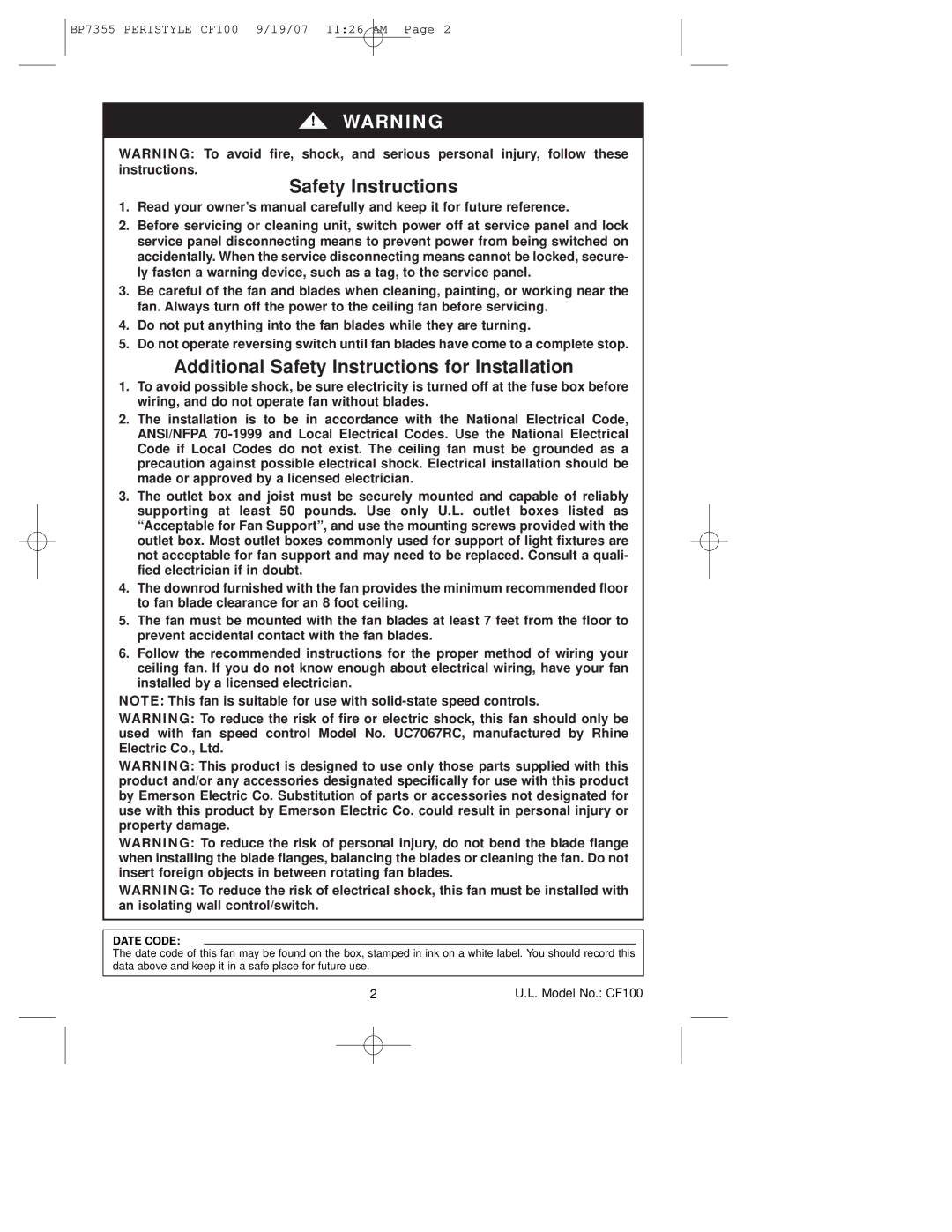 Emerson CF100DBK00, CF100GES00, CF100AP00 owner manual Additional Safety Instructions for Installation 