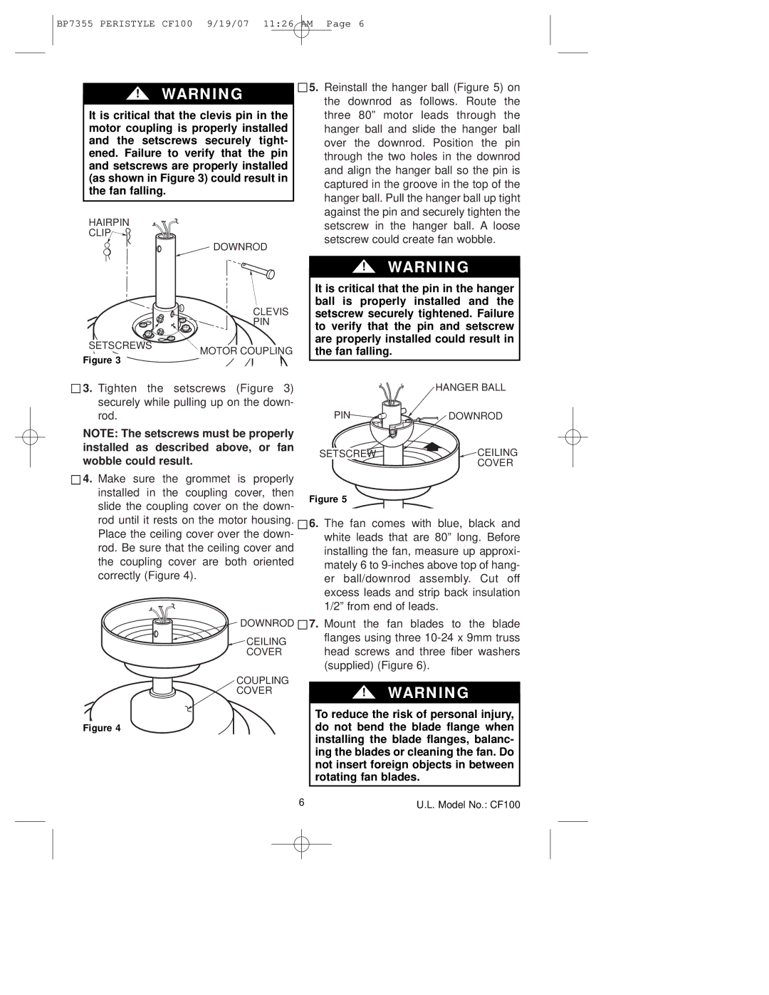 Emerson CF100GES00, CF100AP00, CF100DBK00 owner manual Hairpin Clip Setscrews Downrod Clevis PIN Motor Coupling 