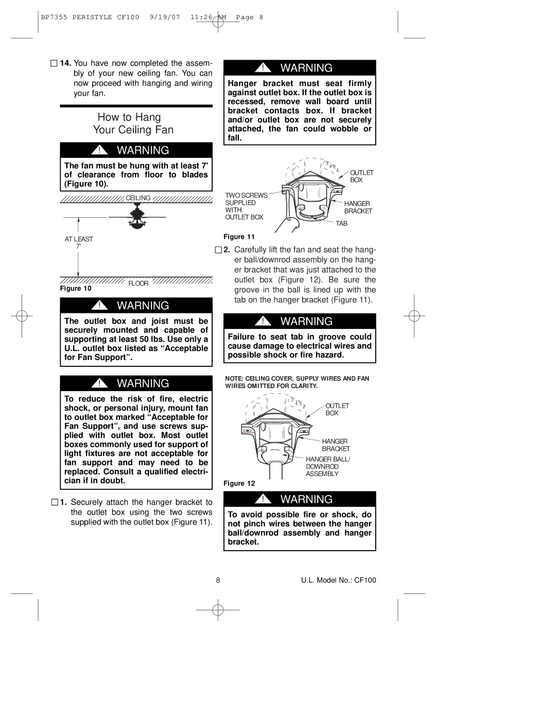 Emerson CF100DBK00, CF100GES00, CF100AP00 owner manual How to Hang Your Ceiling Fan, Outlet BOX TAB AT Least Floor 