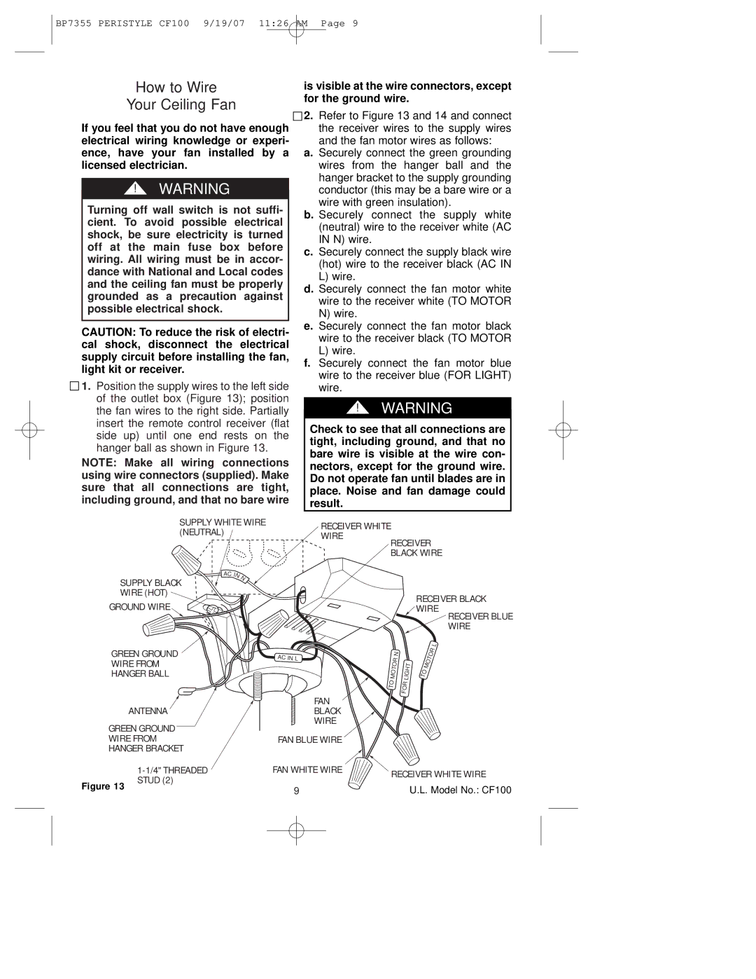 Emerson CF100GES00, CF100AP00, CF100DBK00 owner manual How to Wire Your Ceiling Fan, Receiver White Wire 