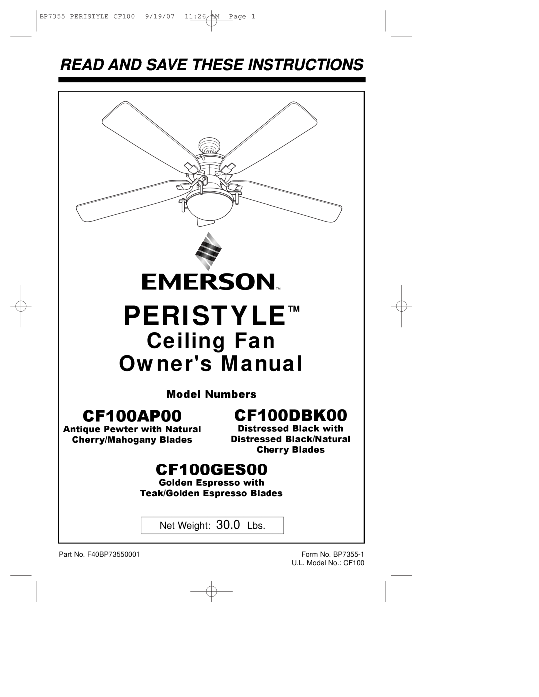 Emerson CF100AP00 owner manual Peristyle, CF100GES00, Read And Save These Instructions, CF100DBK00, Model Numbers 