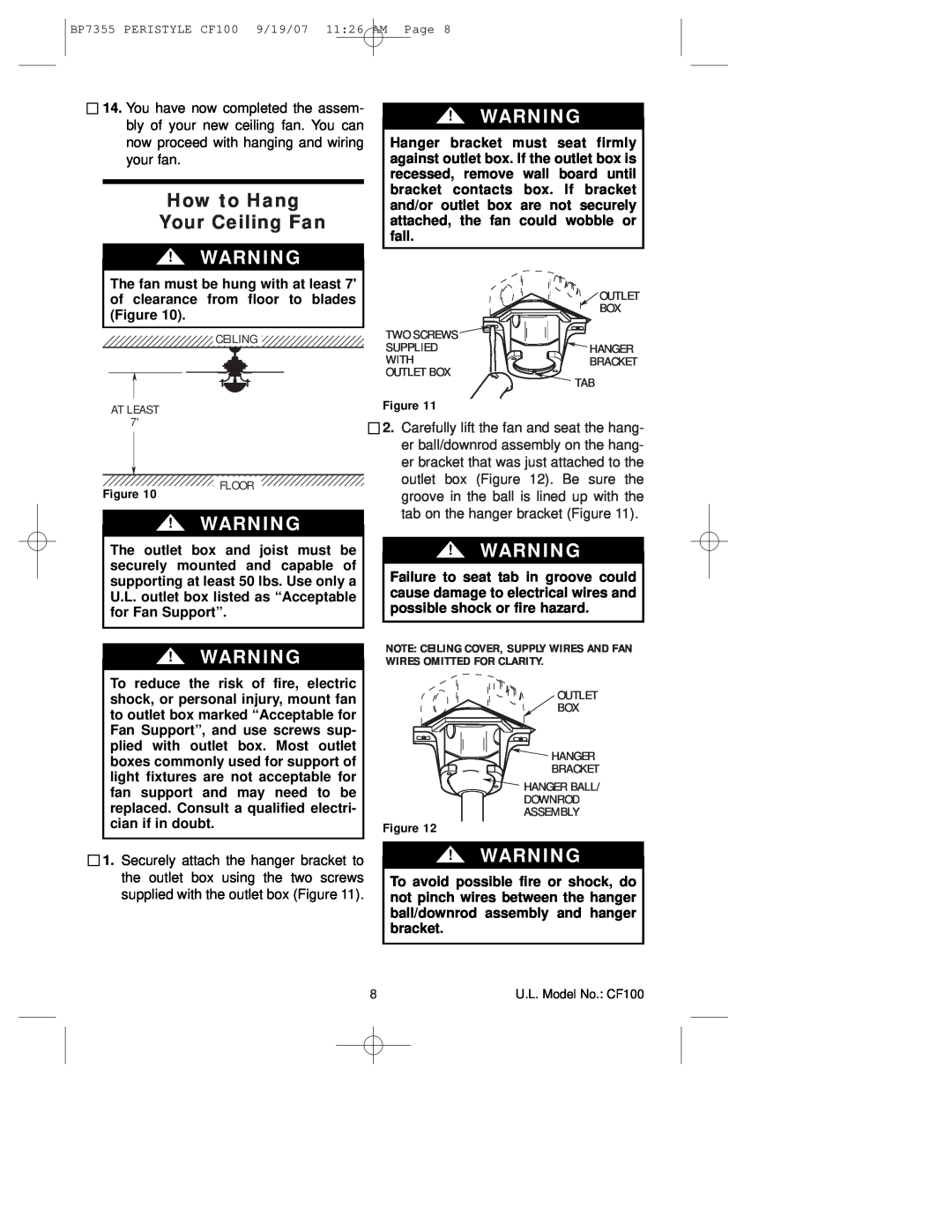 Emerson CF100DBK00, CF100GES00, CF100AP00 owner manual How to Hang Your Ceiling Fan 