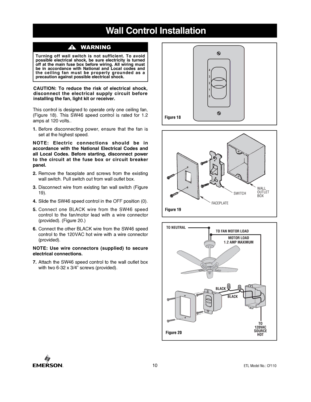 Emerson CF110BS00, CF110ORB00 owner manual Wall Control Installation 