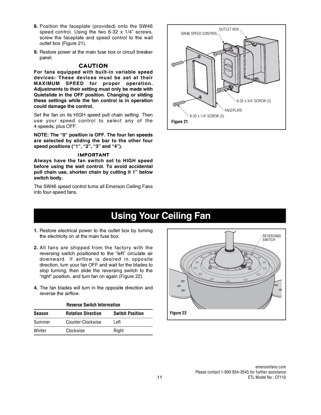 Emerson CF110ORB00, CF110BS00 owner manual Using Your Ceiling Fan, Summer Counter-Clockwise Left Winter Right 