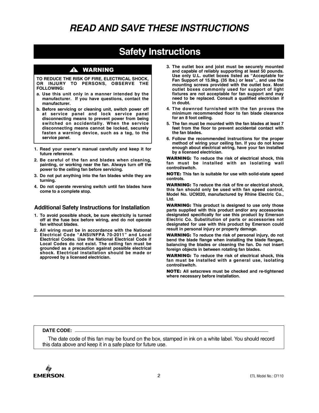 Emerson CF110BS00, CF110ORB00 owner manual Read and Save These Instructions, Safety Instructions 