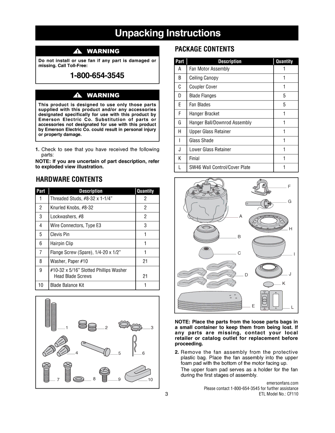 Emerson CF110ORB00, CF110BS00 owner manual Unpacking Instructions, Package Contents 