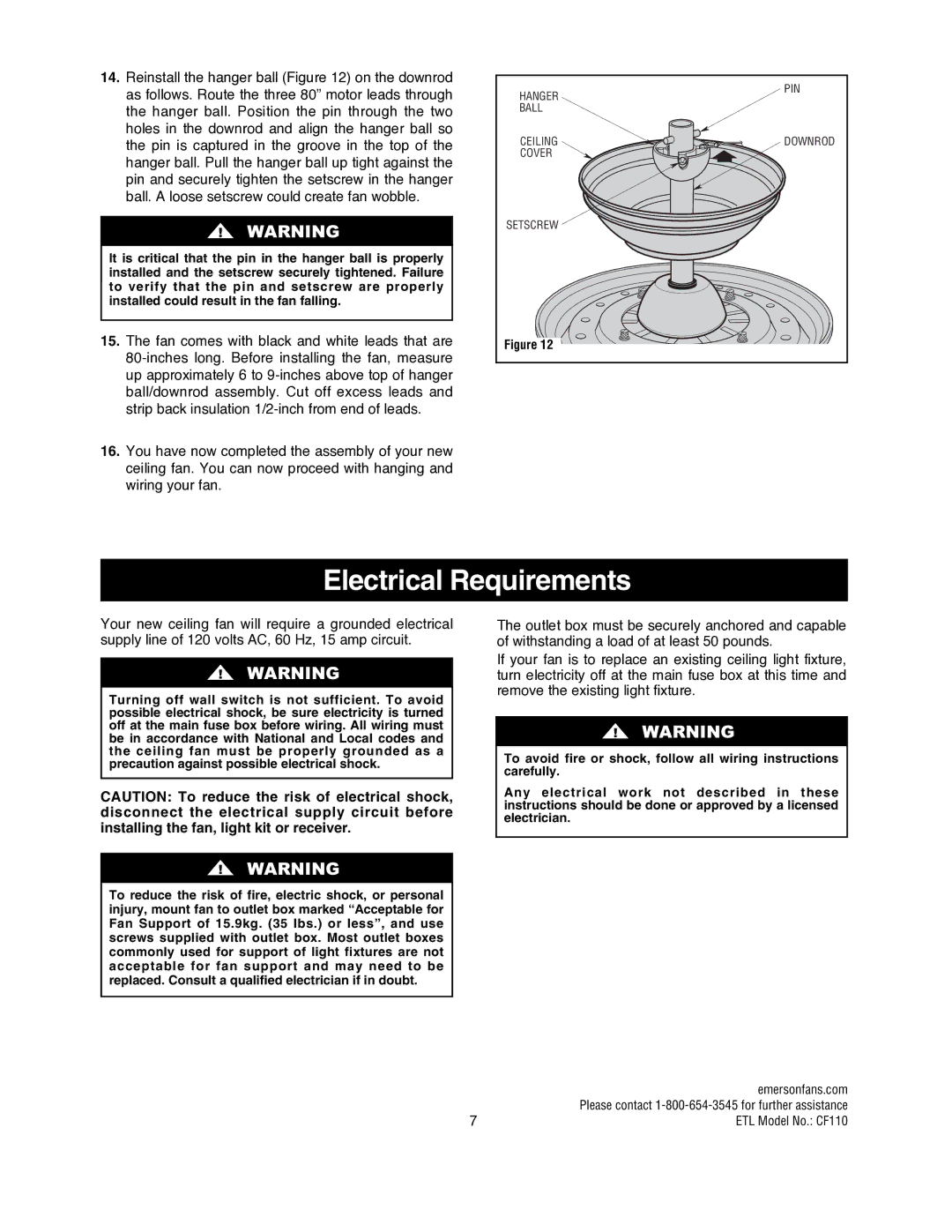 Emerson CF110ORB00, CF110BS00 owner manual Electrical Requirements 