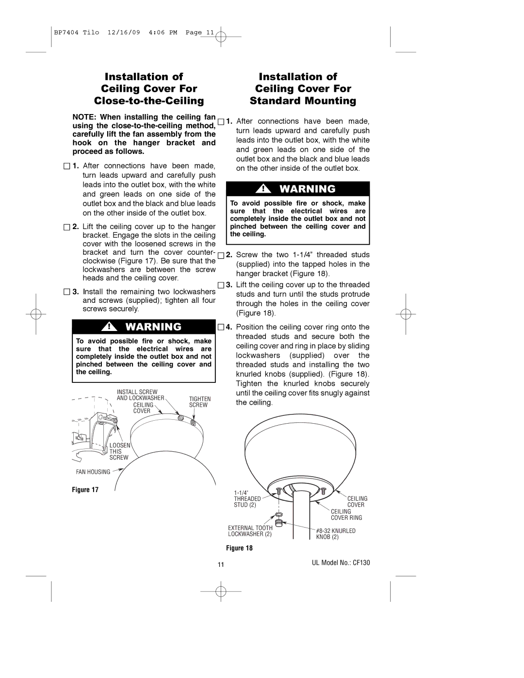 Emerson CF130ORB00, CF130WW00, CF130BS00 owner manual Installation Ceiling Cover For Close-to-the-Ceiling, Standard Mounting 