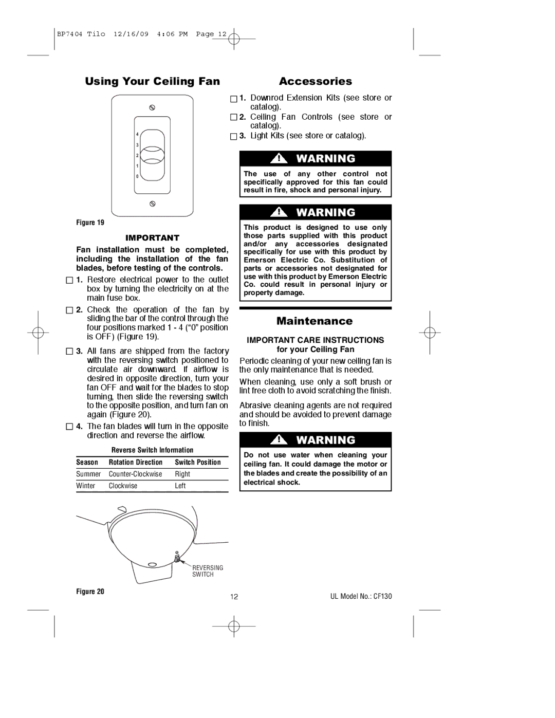 Emerson CF130WW00, CF130BS00, CF130ORB00 owner manual Using Your Ceiling Fan Accessories, Maintenance 