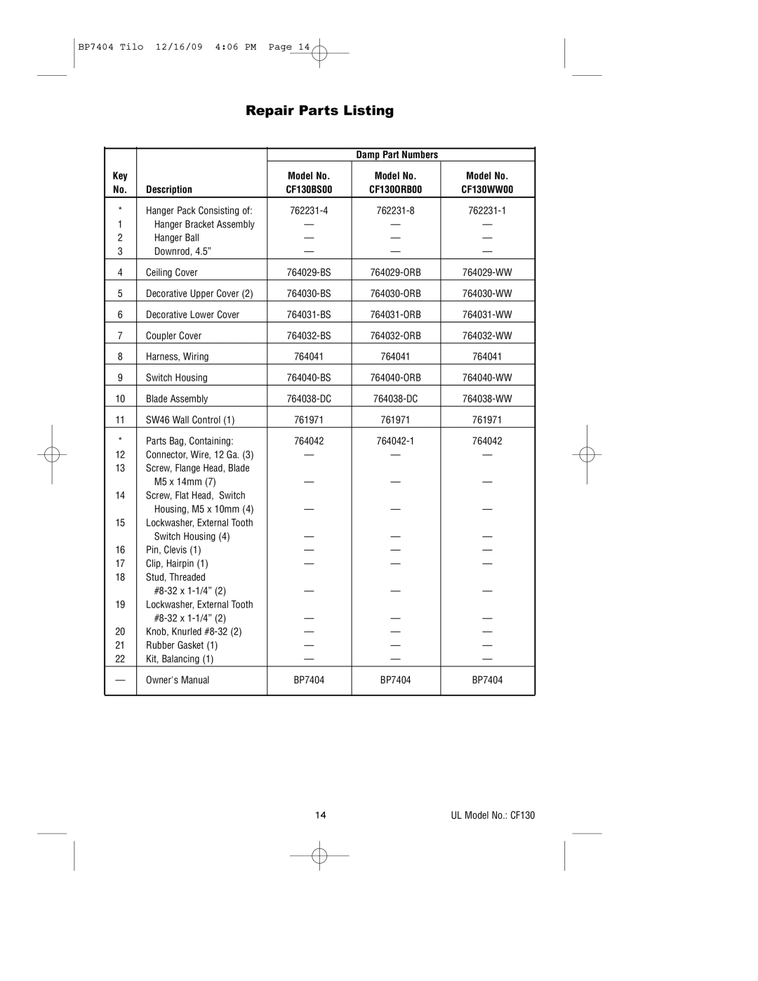 Emerson CF130ORB00, CF130WW00, CF130BS00 owner manual Repair Parts Listing, Key Model No Description 