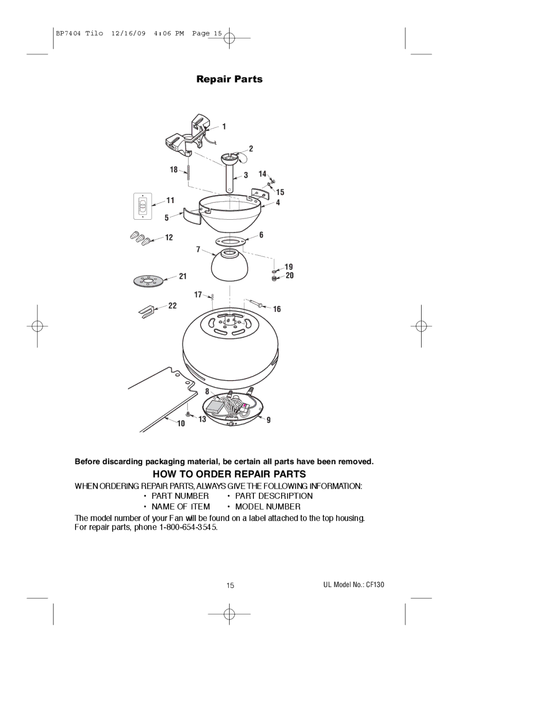 Emerson CF130WW00, CF130BS00, CF130ORB00 owner manual HOW to Order Repair Parts 