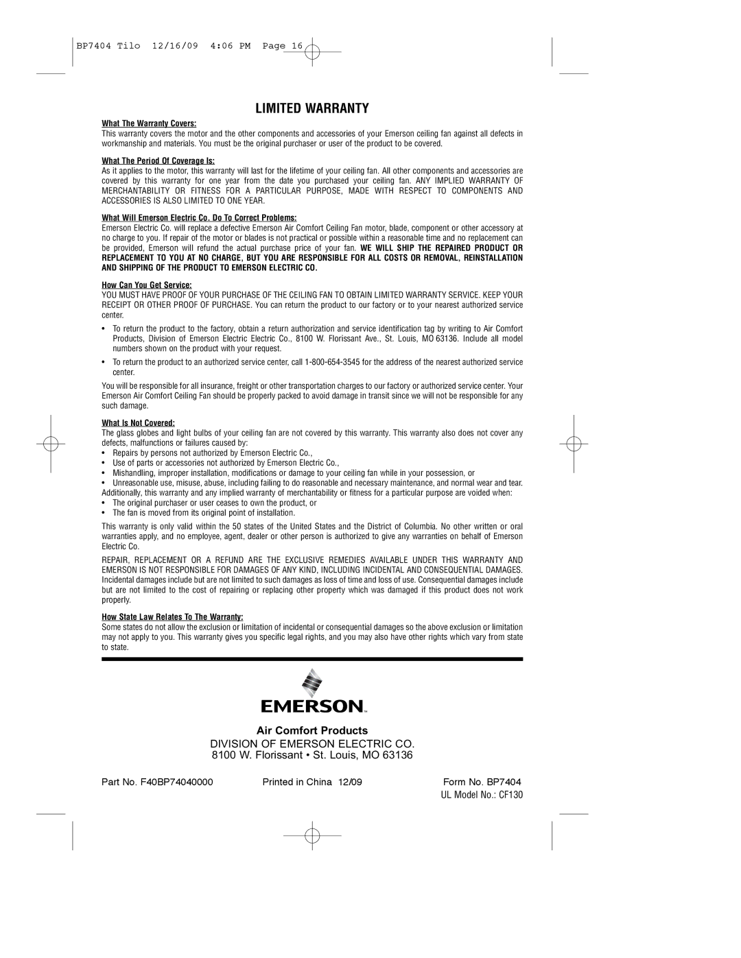 Emerson CF130BS00, CF130WW00, CF130ORB00 owner manual Limited Warranty 