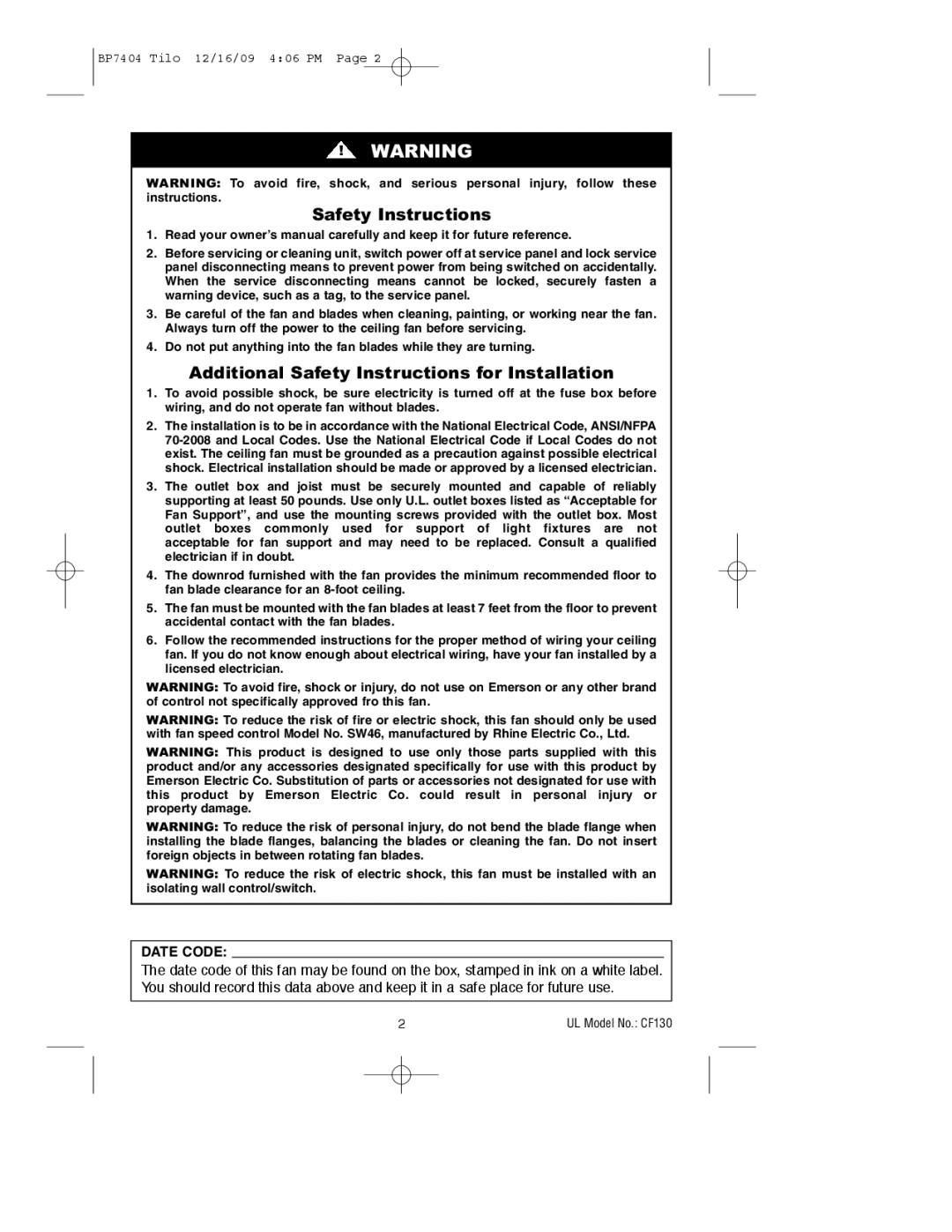 Emerson CF130ORB00, CF130WW00, CF130BS00 owner manual Additional Safety Instructions for Installation 