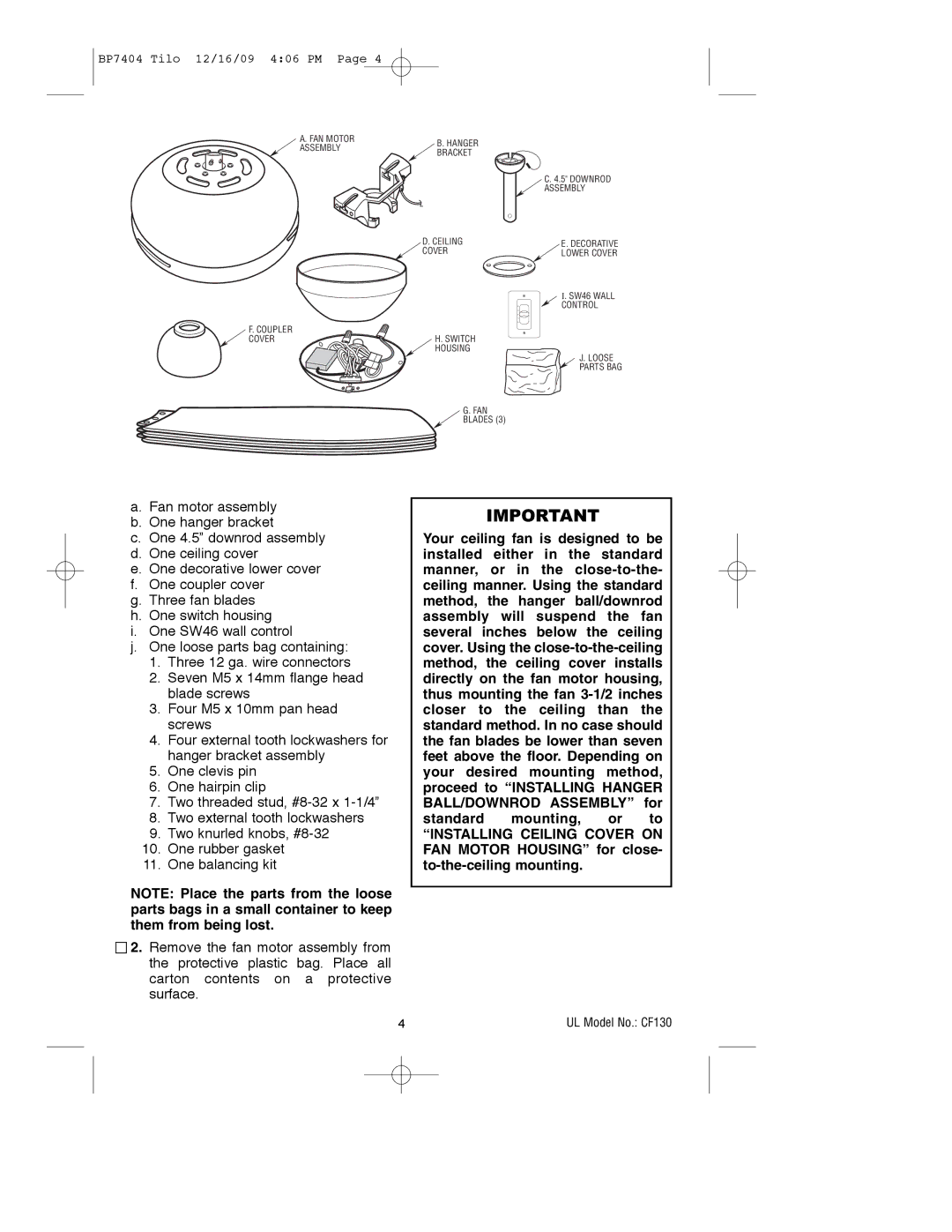 Emerson CF130BS00, CF130WW00, CF130ORB00 owner manual FAN Motor 