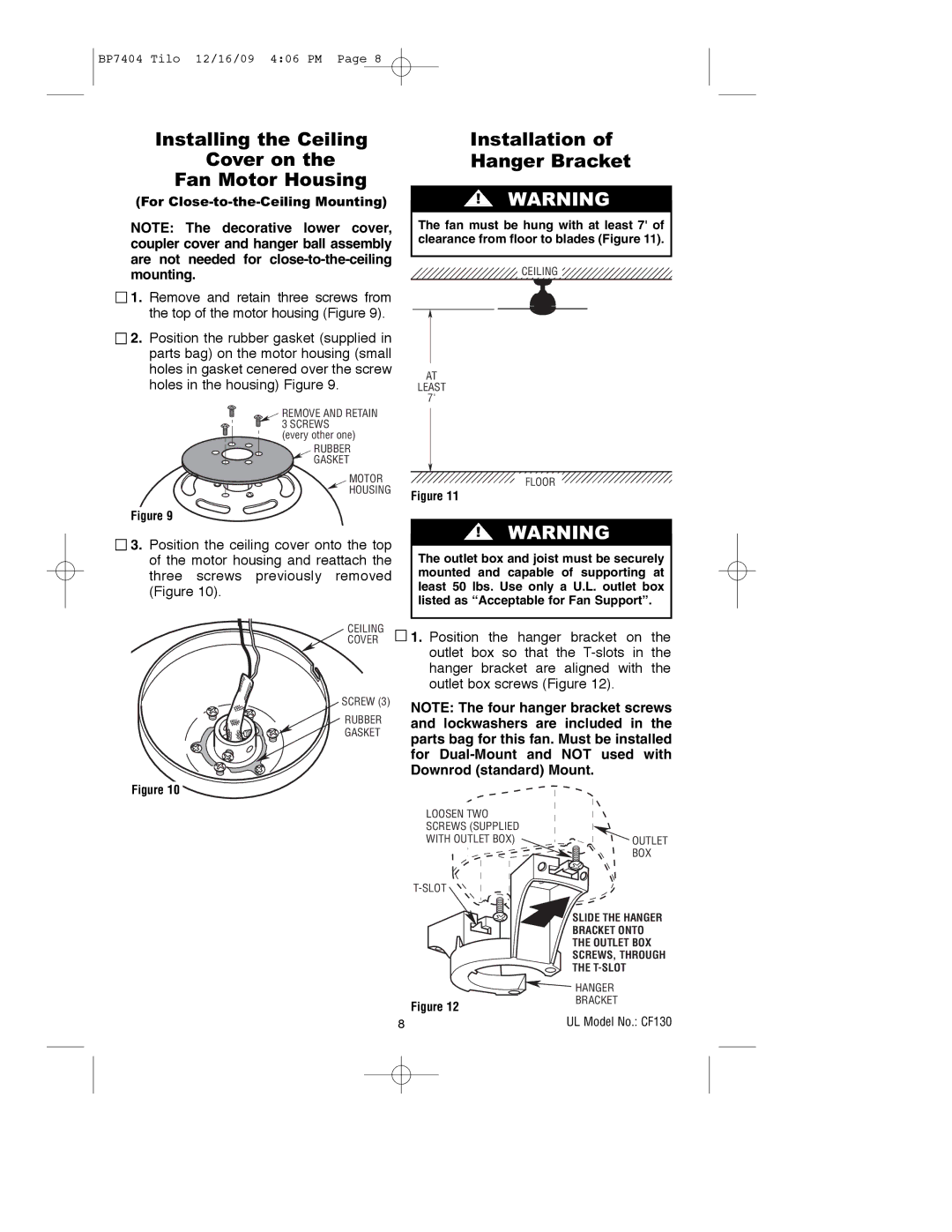 Emerson CF130ORB00, CF130WW00, CF130BS00 Installing the Ceiling Cover on Fan Motor Housing, Installation Hanger Bracket 