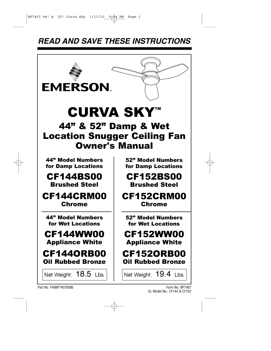 Emerson CF152BS00, CF144WW00, CF152ORB00, CF152WW00 owner manual Model Numbers For Damp Locations, For Wet Locations 