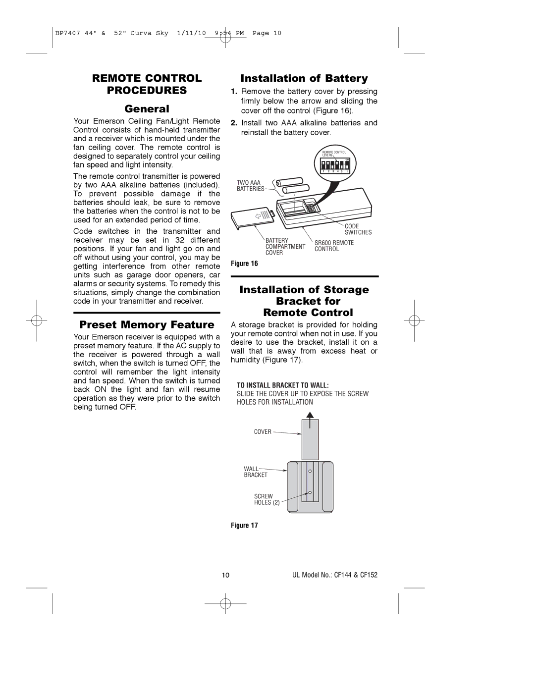 Emerson CF152ORB00, CF144WW00, CF152BS00, CF152WW00, CF152CRM00 General, Preset Memory Feature, Installation of Battery 