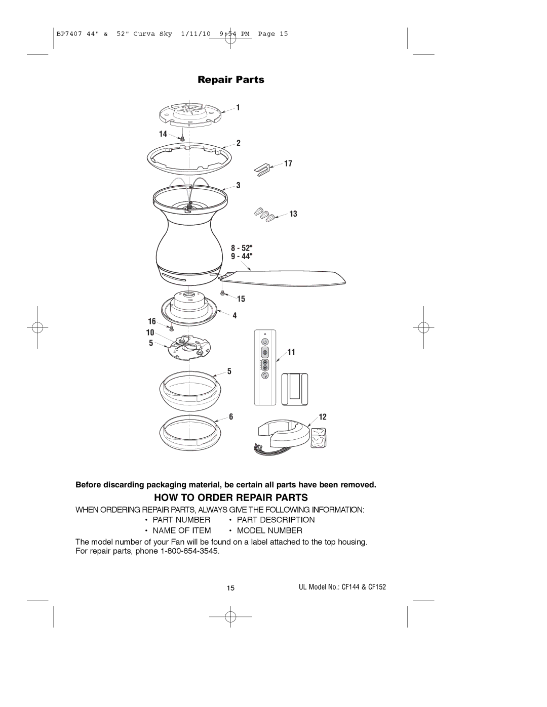 Emerson CF144BS00, CF144WW00, CF152BS00, CF152ORB00, CF152WW00, CF152CRM00, CF144ORB00, CF144CRM00 HOW to Order Repair Parts 