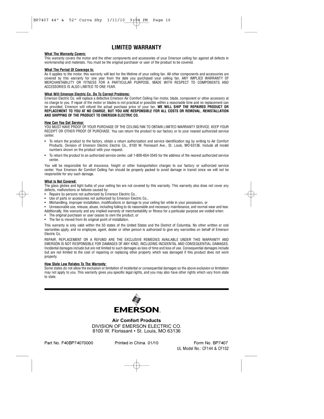 Emerson CF144WW00, CF152BS00, CF152ORB00, CF152WW00, CF152CRM00, CF144ORB00, CF144CRM00, CF144BS00 owner manual Limited Warranty 