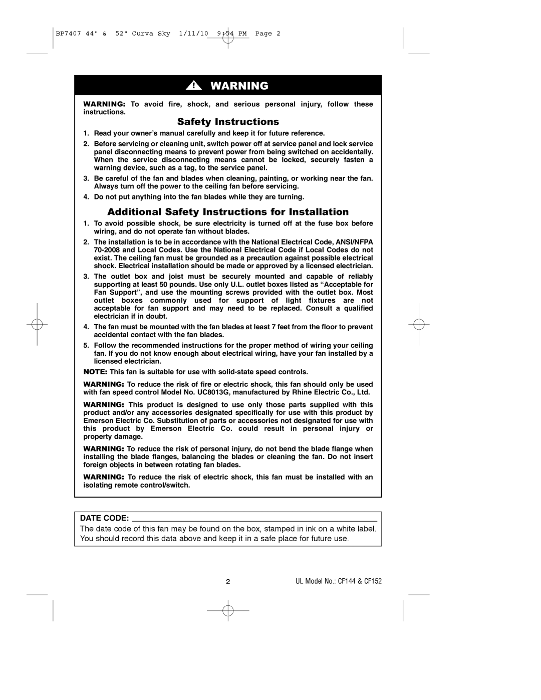 Emerson CF152ORB00, CF144WW00, CF152BS00, CF152WW00, CF152CRM00, CF144BS00 Additional Safety Instructions for Installation 