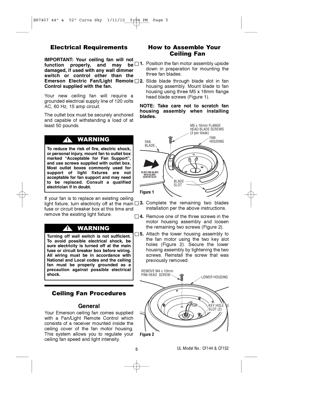 Emerson CF144ORB00, CF144WW00, CF152BS00, CF152ORB00, CF152WW00, CF152CRM00, CF144CRM00 Electrical Requirements, Ceiling Fan 