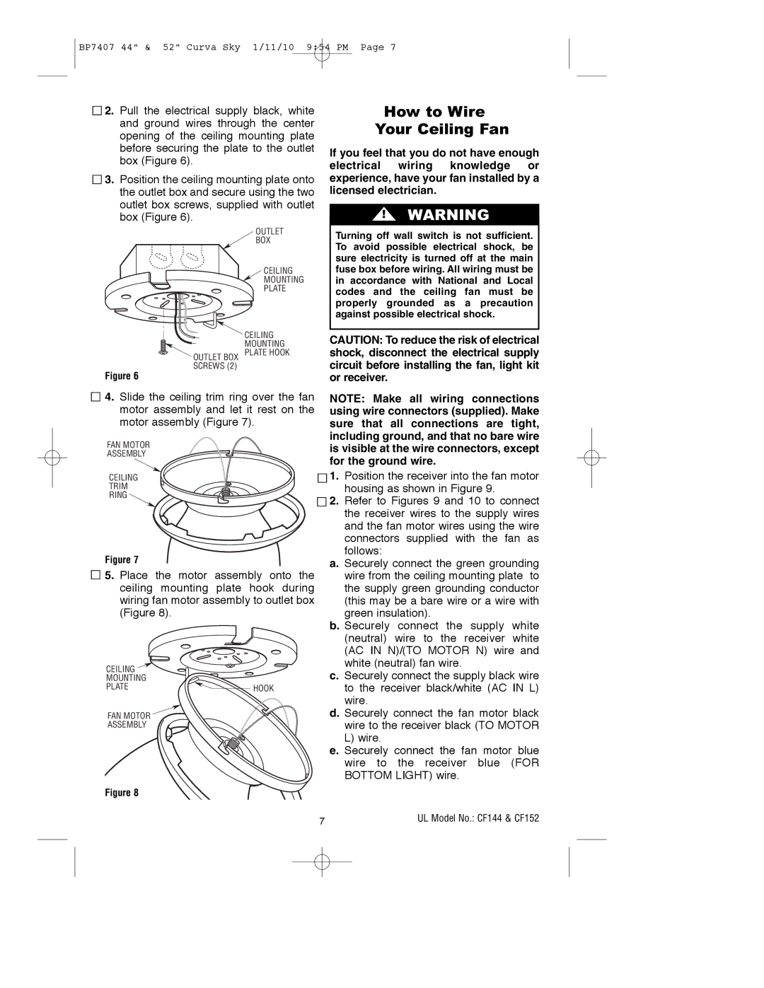 Emerson CF144BS00, CF144WW00, CF152BS00, CF152ORB00, CF152WW00 How to Wire Your Ceiling Fan, UL Model No. CF144 & CF152 