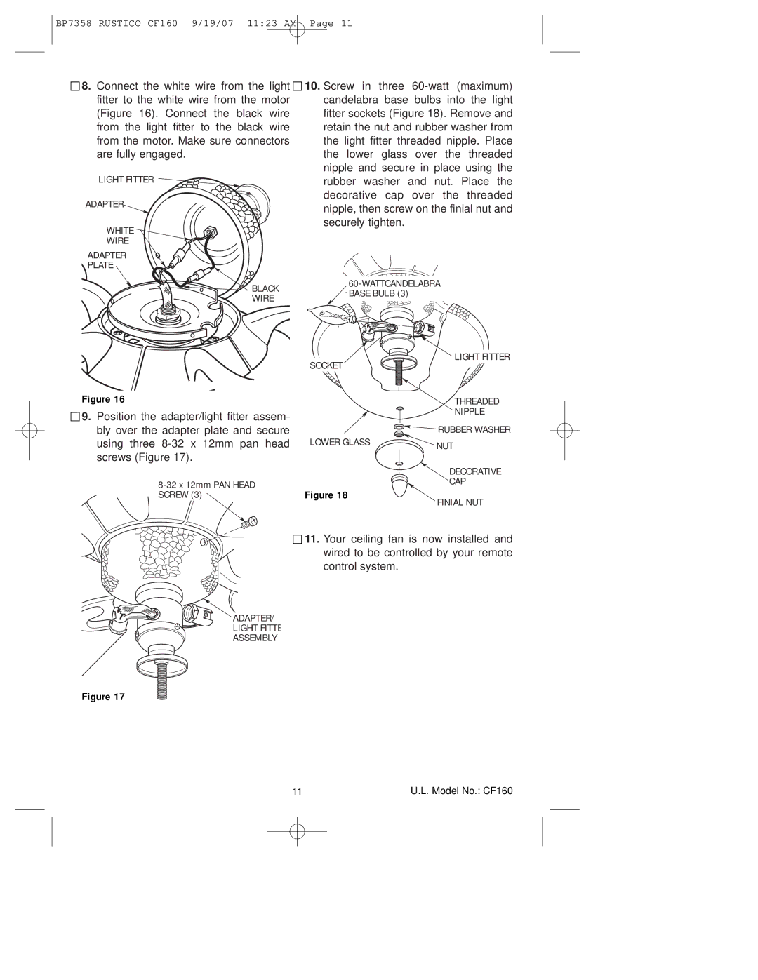 Emerson CF160 owner manual Position the adapter/light fitter assem 