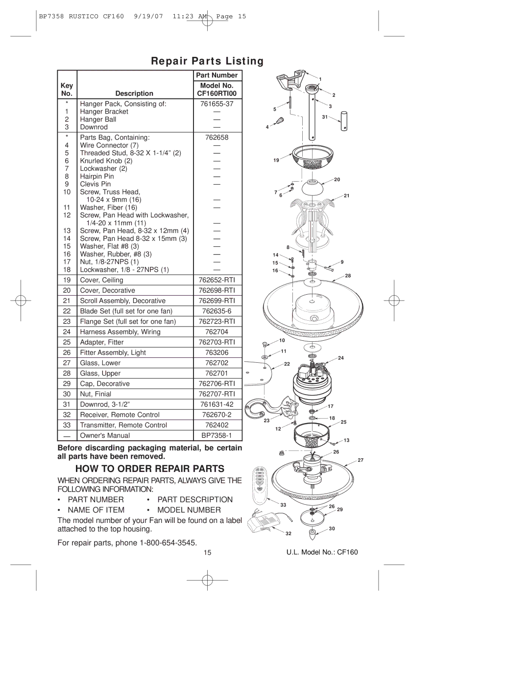 Emerson owner manual Repair Parts Listing, Description CF160RTI00 