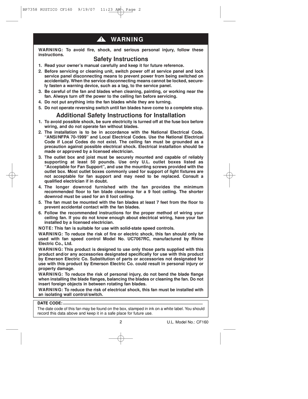 Emerson CF160 owner manual Additional Safety Instructions for Installation 