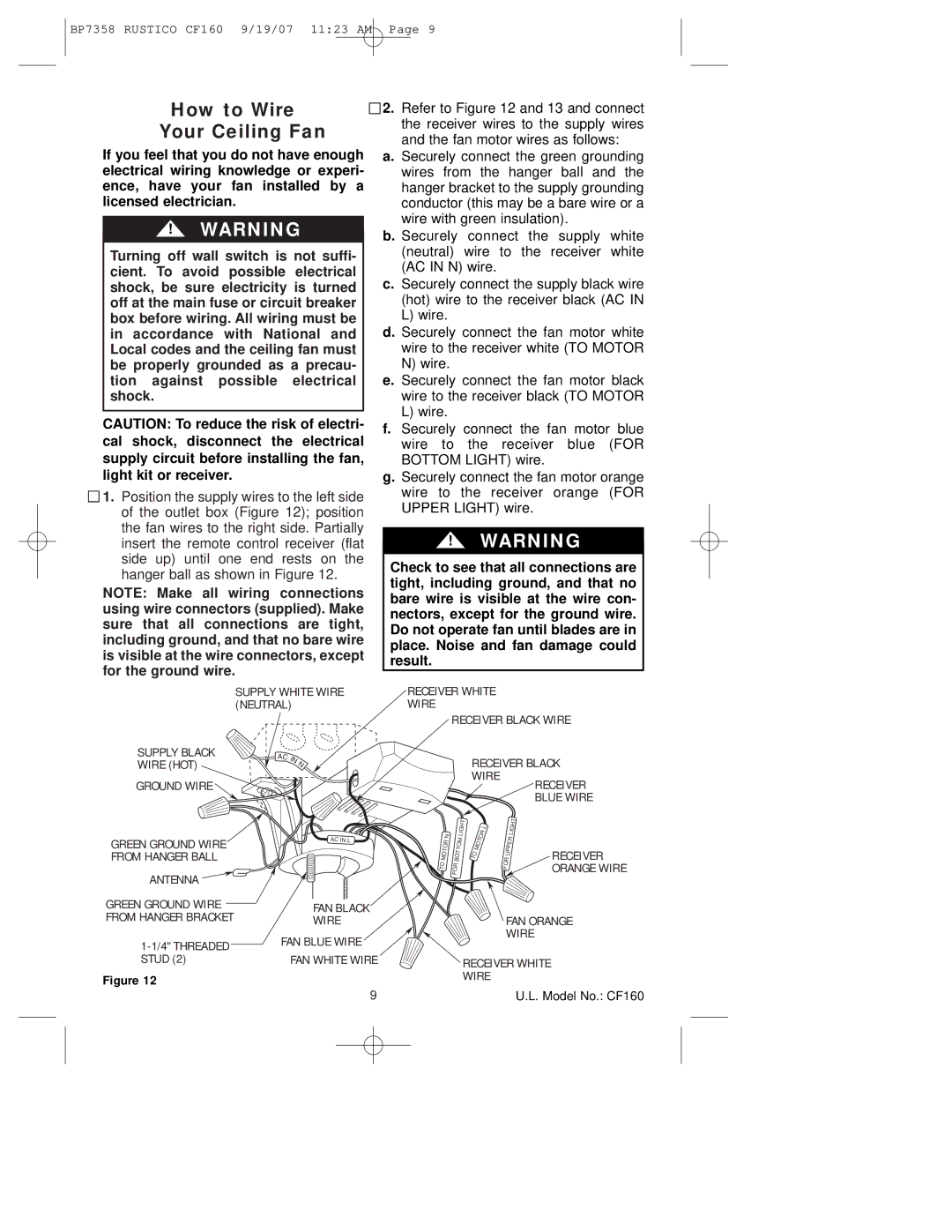 Emerson CF160 owner manual How to Wire Your Ceiling Fan, FAN Orange Wire Receiver White 