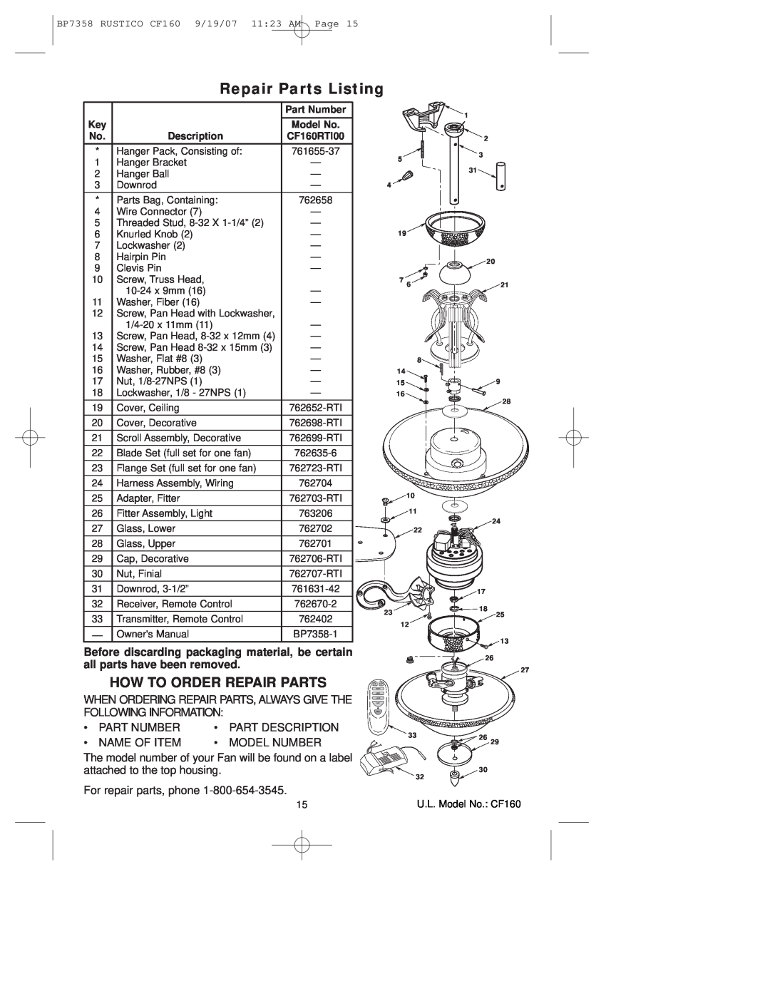 Emerson CF160 owner manual Repair Parts Listing, How To Order Repair Parts 