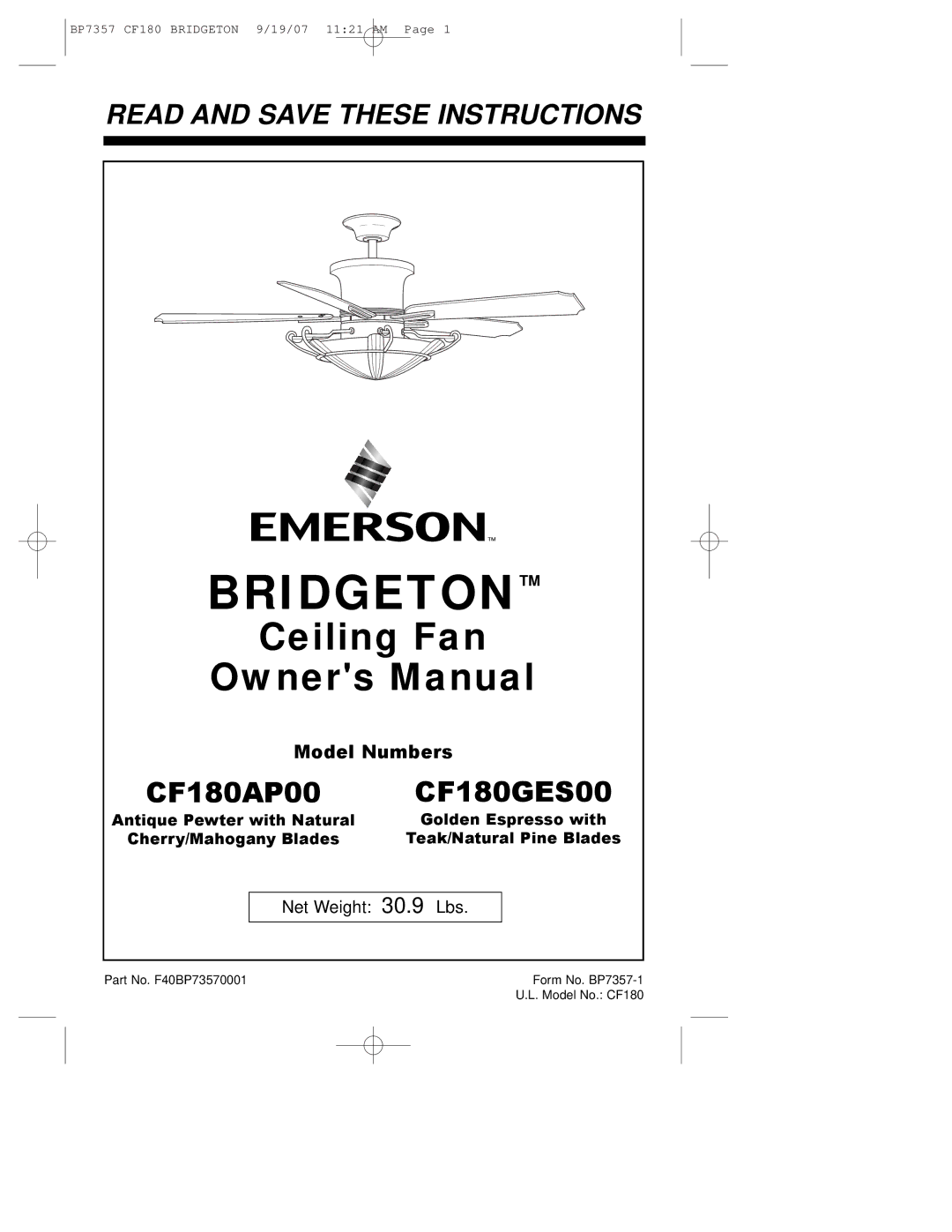 Emerson CF180AP00 owner manual Bridgeton 