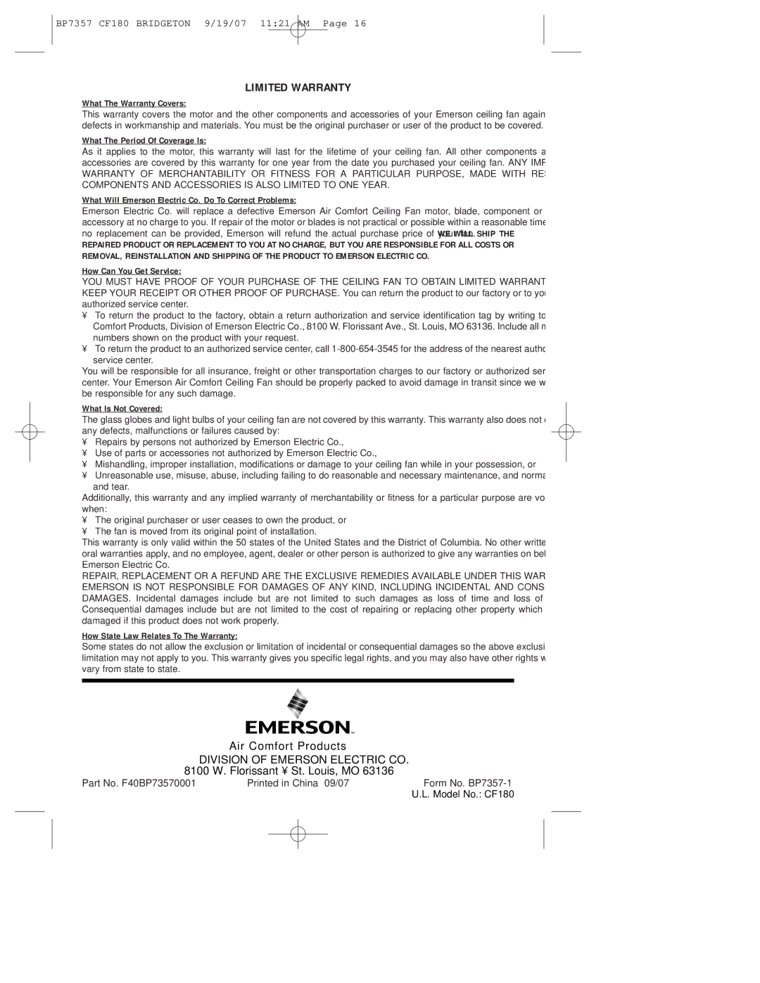 Emerson CF180AP00 owner manual Limited Warranty 