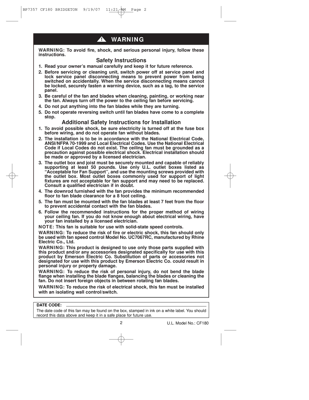 Emerson CF180AP00 owner manual Safety Instructions 