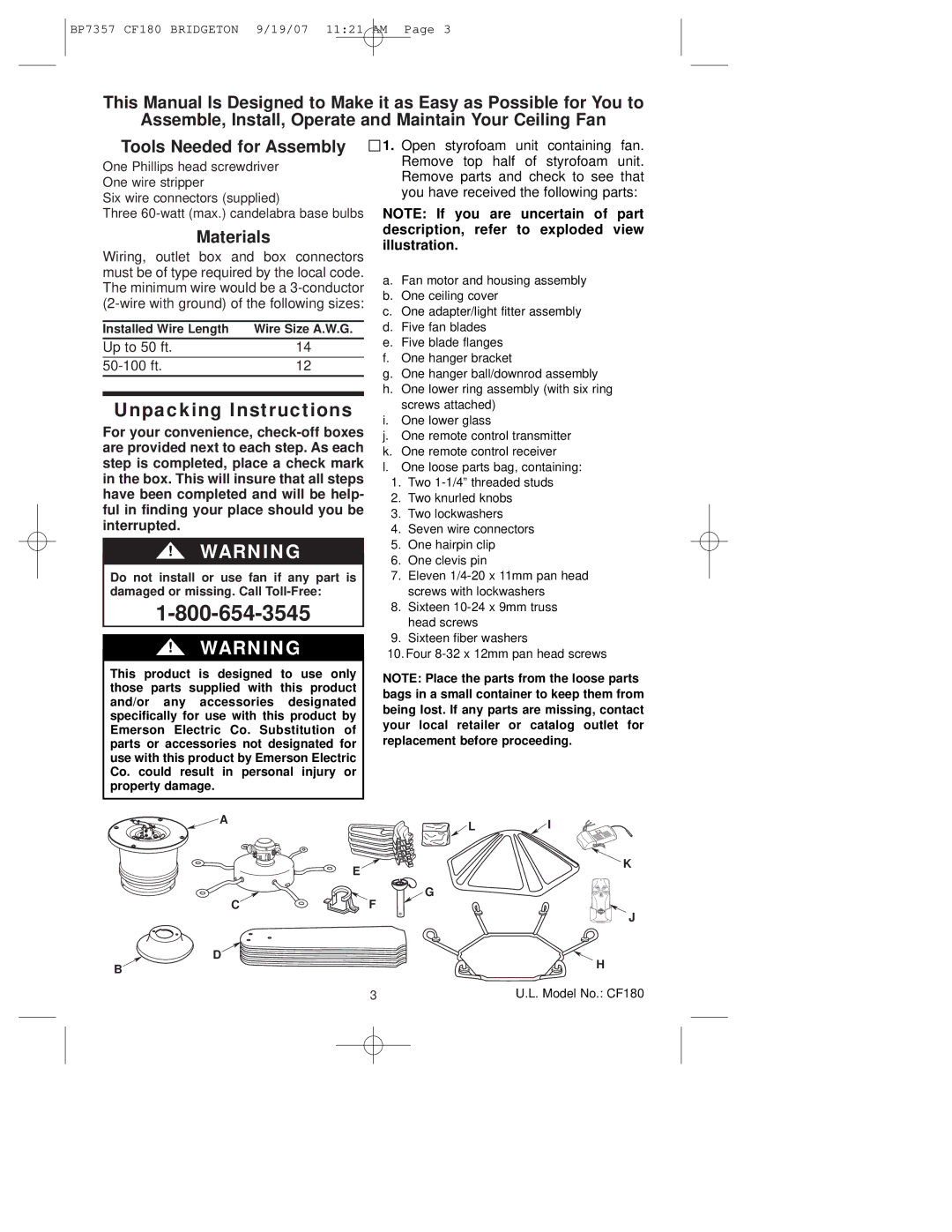 Emerson CF180AP00 owner manual Unpacking Instructions, Materials 