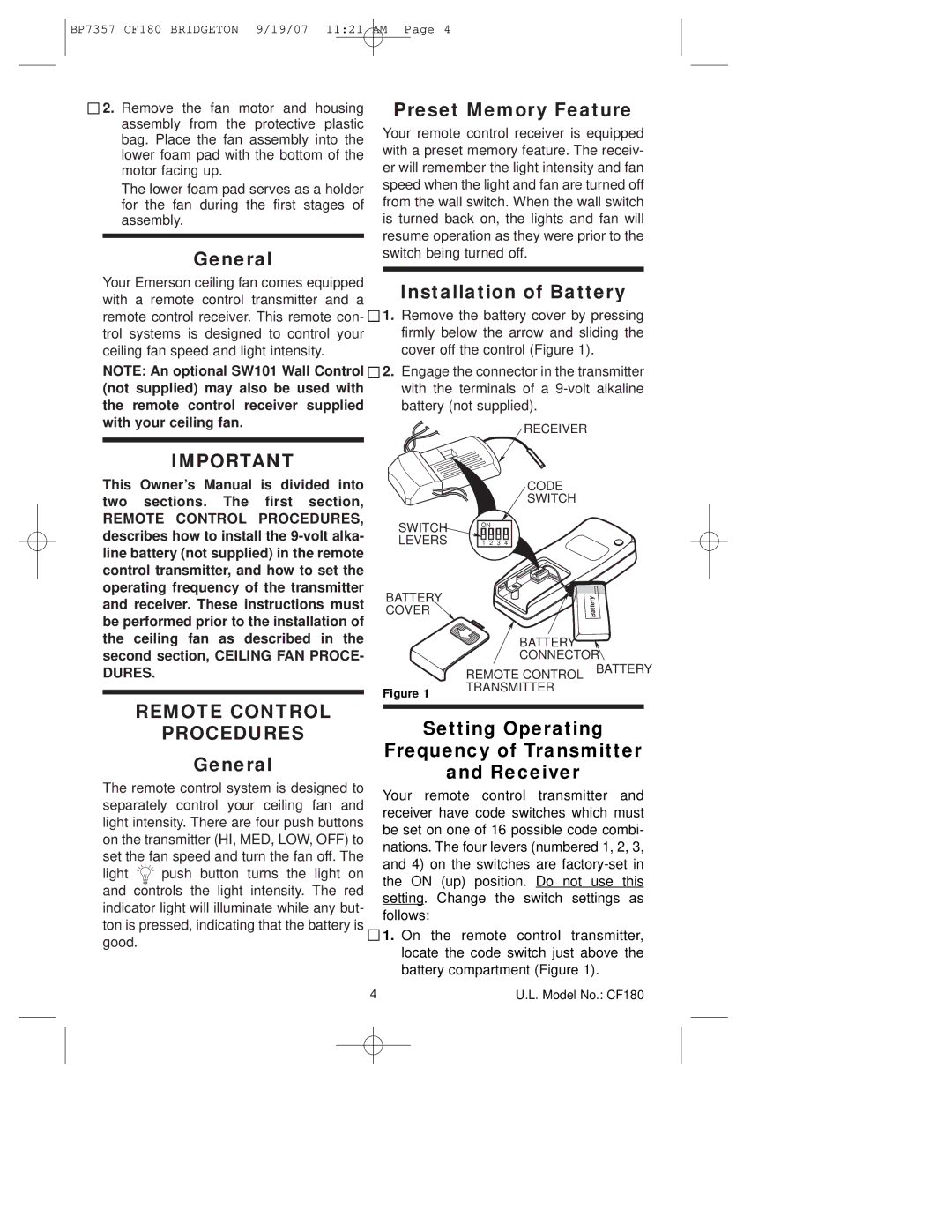 Emerson CF180AP00 owner manual Preset Memory Feature, General, Installation of Battery 