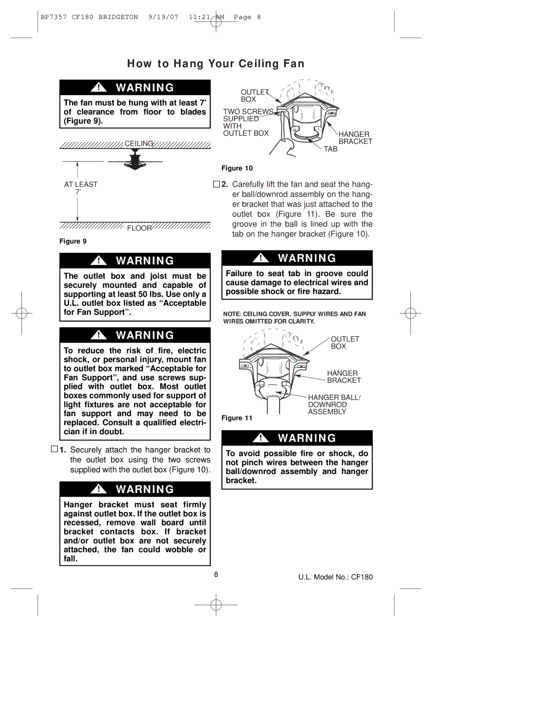 Emerson CF180AP00 owner manual How to Hang Your Ceiling Fan, Tab 