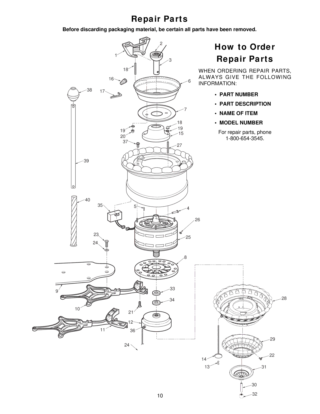 Emerson CF1ORB01 owner manual How to Order Repair Parts, Part Number Part Description Name of Item Model Number 