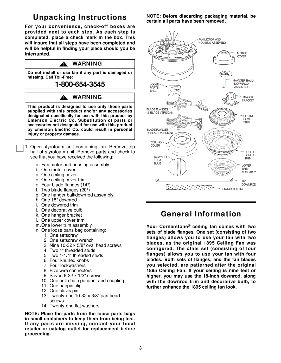 Emerson CF1ORB01 owner manual Unpacking Instructions, General Information 