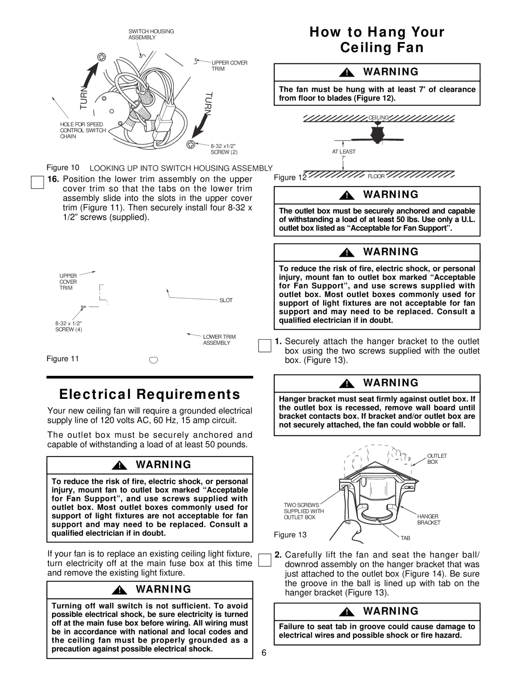 Emerson CF1ORB01 owner manual Electrical Requirements, How to Hang Your Ceiling Fan, Turn 