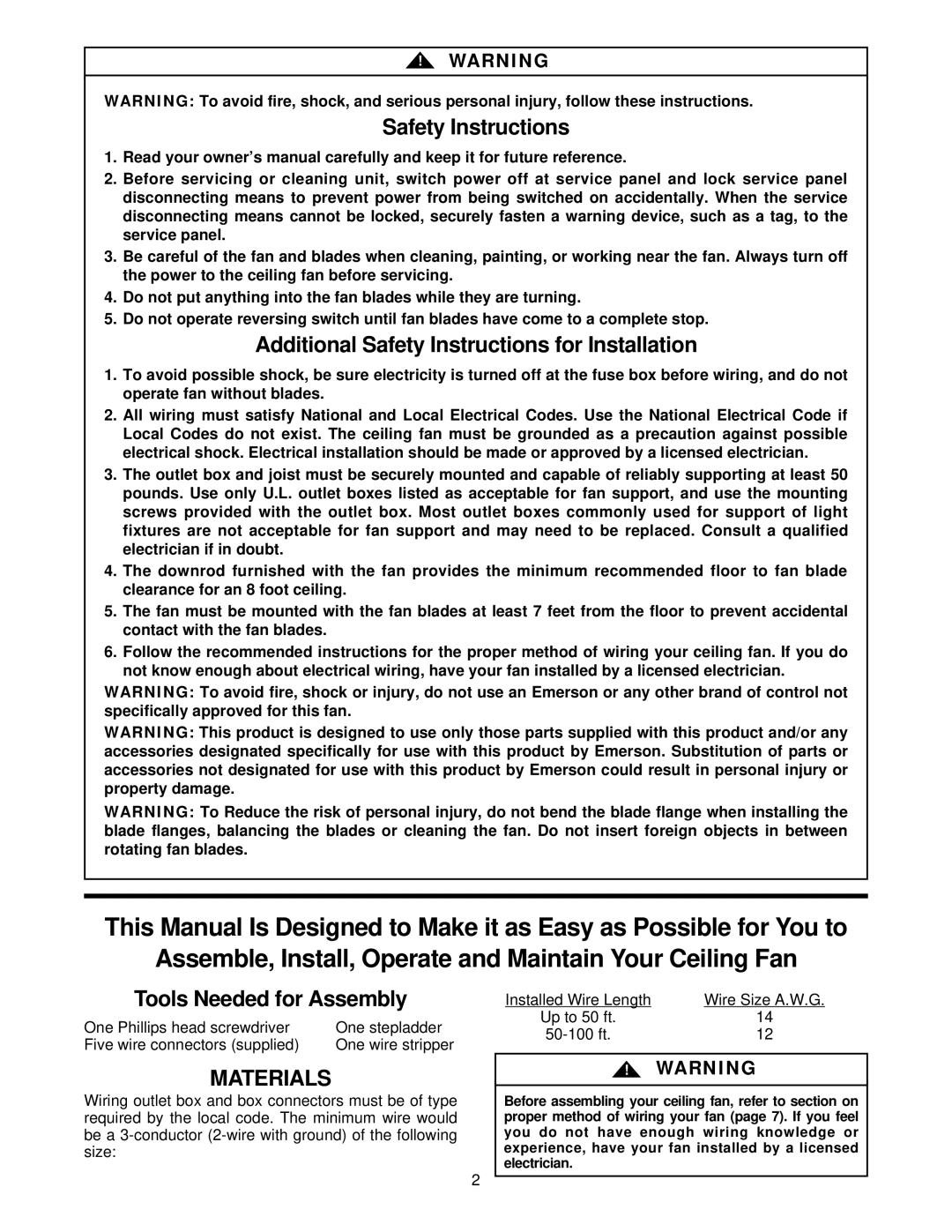 Emerson CF1PW01, CF1WB01, CF1AB01 owner manual Materials 