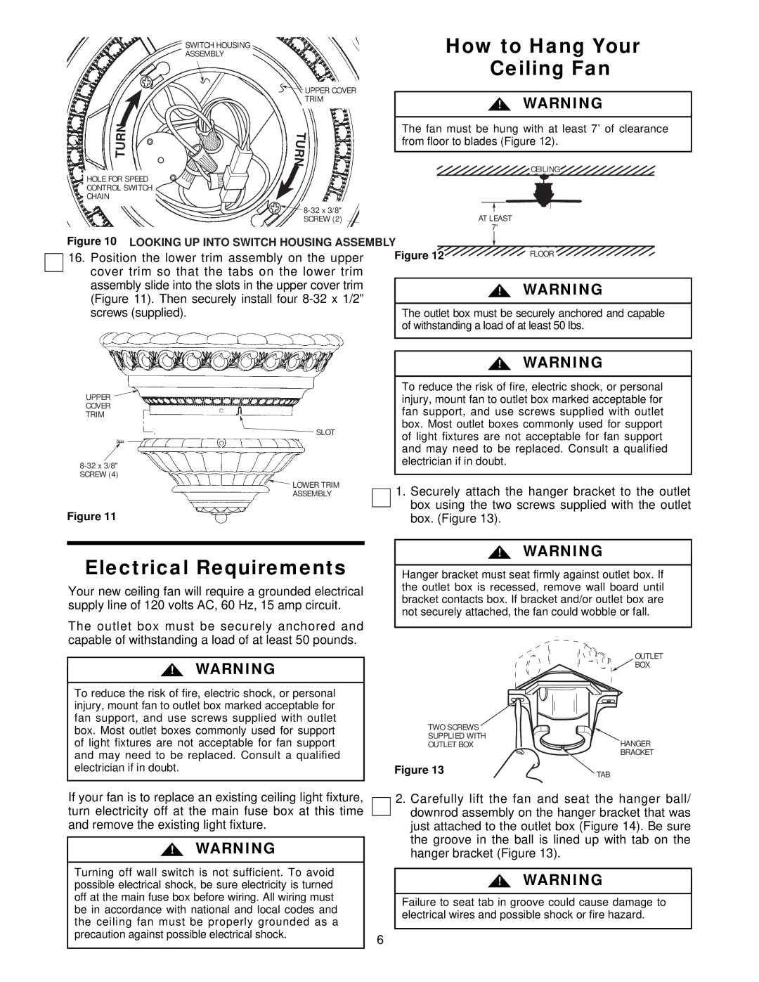 Emerson CF1WB01, CF1AB01, CF1PW01 owner manual Electrical Requirements, How to Hang Your Ceiling Fan, Turn 